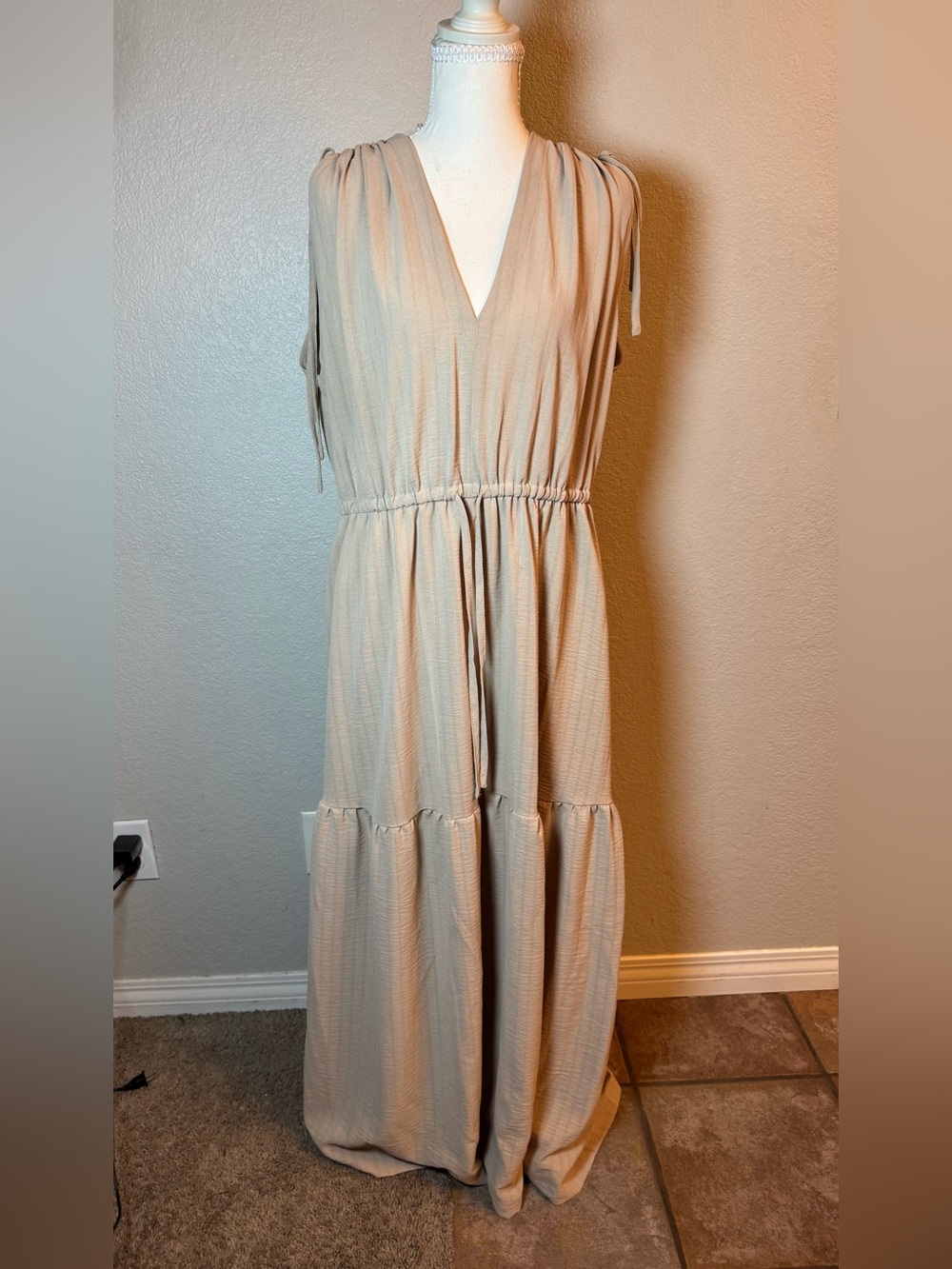 Calvin Klein Khaki Tiered V-Neck Maxi Dress Size 14